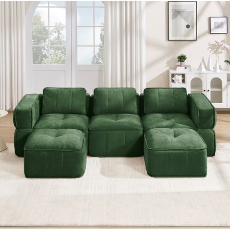 Sofá modular en U de 3 plazas con 2 pufs, sin montaje, tejido de poliéster, verde DESVIAE (1/5)