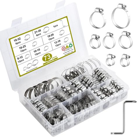 Lot de 73 collier de serrage inox, réglables 6–38mm, 7 tailles avec tournevis, collier serrage, collier de serrage métallique pour plomberie, voiture, carburant et usage domestique. (1/5)