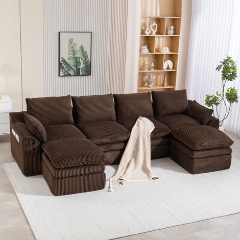 Modulares 4-Sitzer Cordsofa (mit 2 Hockern) – inkl. Kissen & 2 Seitentaschen, 3lagiger Schaumstoff + Federkern für schnelle Rückfederung. Frei kombinierbar – ideal für Wohnzimmer, Büro & mehr.Braun