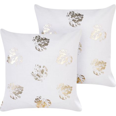Conjunto de 2 cojines de terciopelo blanco dorado 45 x 45 cm hojas Goldenrod