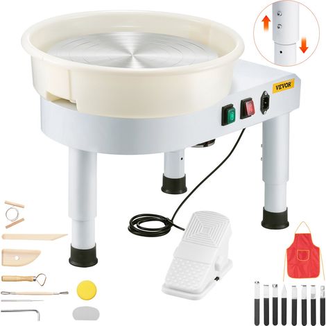 Tour de Potier 35 cm, Machine à Poterie, Vitesse Réglable 60 à 300 tr/min avec Pédale de Commande, Bassin Amovible, Pied Réglable en Hauteur, Kit Complets pour Poterie à Maison et DIY, Blanc (1/5)
