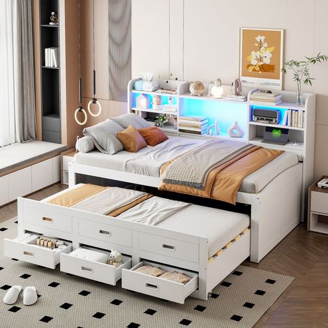 Lit canapé-Lit double-90x200cm-Télécommande LED-3 tiroirs-USB Type C-Multifonction-Sans Matelas-Blanc-210x210x115(cm) (1/5)