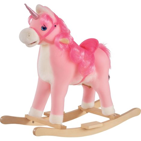 Cheval à Bascule modèle Licorne avec Sons Authentiques Selle Grand Confort Bois de peuplier Rose dim. L74 x l33 x 62H cm (1/5)