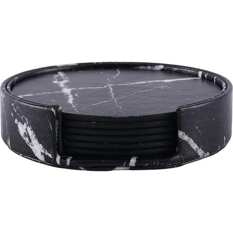 Dessous de verre ronds noirs marbrés, lot de 6 avec support, pour la maison et la cuisine. (1/5)