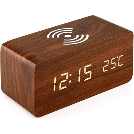 Réveil Avec Pour Tampon De Charge Sans Fil Qi Compatible Avec Pour Iphone Samsung Horloge Numérique Led De Bois Fonction De (1/4)