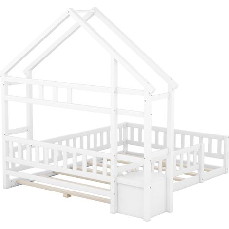 Letto casetta per bambini 140 x 200 cm con barriera e comodino in pino bianco (1/5)