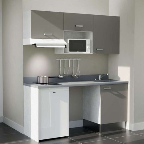 Kitchenette K55L - 180 cm - plan monobloc évier intégré Cromo- évier à droite - Façades Gris + Electroménager inclus coloris Blanc (1/5)