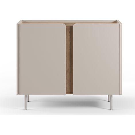 Buffet, meuble de rangement avec 2 portes aspect bois coloris crème, chêne et pieds en métal - Longueur 100 x Profondeur 40 x Hauteur 82,50 cm (1/5)