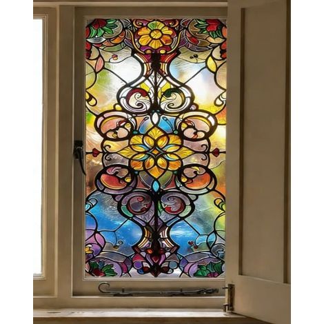 Stickers muraux floraux pour fenêtres - Film pour vitres effet vitrail - Protection solaire et isolation thermique - Absorption de l'électricité statique - Protection de la vie privée -... (1/5)