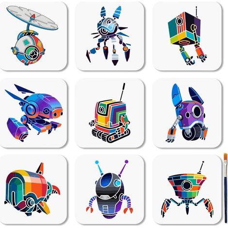 Pochoir Robot Réutilisable (9 pièce) Pochoir Mécanique pour Peinture 15×15cm Modèle de Dessin Électronique avec Pinceau pour Décoration Murale Meubles Toiles et Scrapbooking (1/5)