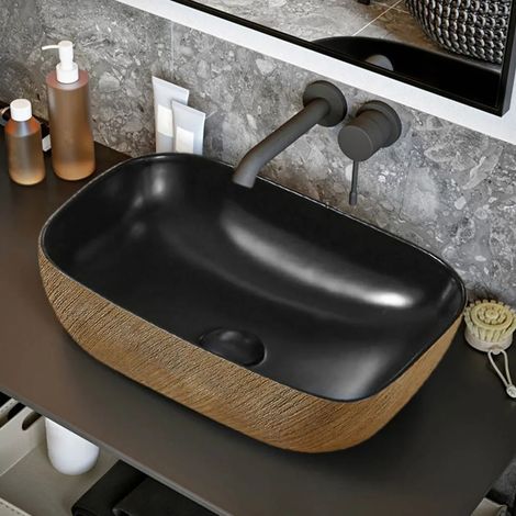 Lavabo da appoggio 45x32 cm in ceramica nero opaco con dettagli oro (1/5)