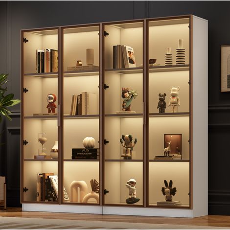 Vetrina in truciolare bianco con vetro marrone, set da 2, 80x40x160 cm cad., LED e ripiani regolabili (1/5)
