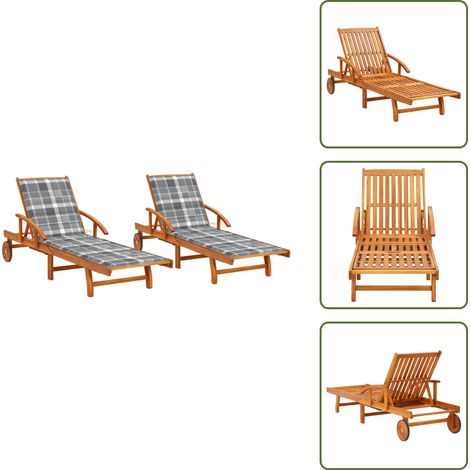 The Living Store Chaises longues lot de 2 avec coussins Bois d'acacia solide - Chaise longue bois (1/5)