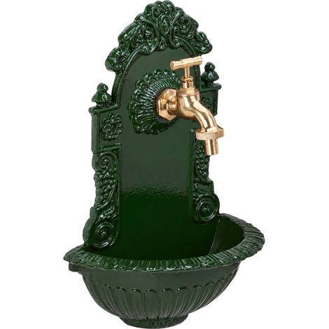 Relaxdays fuente de pared antigua con grifo, lavabo de jardín en fundición de aluminio, 40×24,5×13 cm, verde
