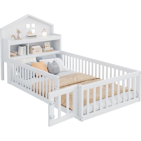 Lit enfant 90x200 cm, cadre bois massif, design maison, étagères et rangement, barrière et porte, sommier à lattes, blanc, matelas non inclus (1/5)