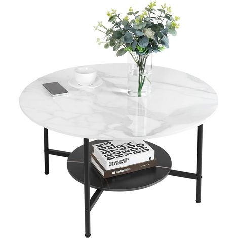 Tavolino da Salotto Marmo Rotondo Tavolino da caffe per soggiorno Tavolino da Divano con 2 Ripiani, bianco e nero, 80cm (1/5)