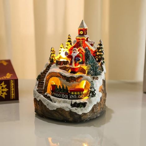 Boîte à musique lumineuse Village de Noël, Train tournant Montagne enneigée, Bonhomme de neige miniature, Collection de décorations de Noël pour la maison (1/4)