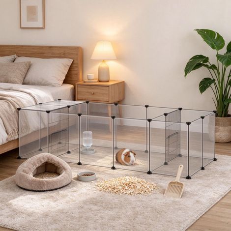 Enclos modulaire pour petits animaux, composé de 20 panneaux, avec parcours extérieur pour cochons d'Inde, hérissons et autres petits animaux de compagnie. (1/5)