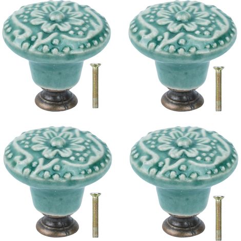 Lot de 4 boutons de meuble vintage en céramique motif floral vert avec vis - Poignées de porte rondes pour tiroirs, commodes, armoires de cuisine (1/5)