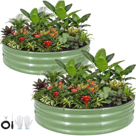 Lot de 2 parterres de jardin surélevés galvanisés d'extérieur 1,2 x 1,2 x 0,3 m Lits surélevés en métal avec bande de sécurité en caoutchouc Jardinière ronde pour plantes (1/5)