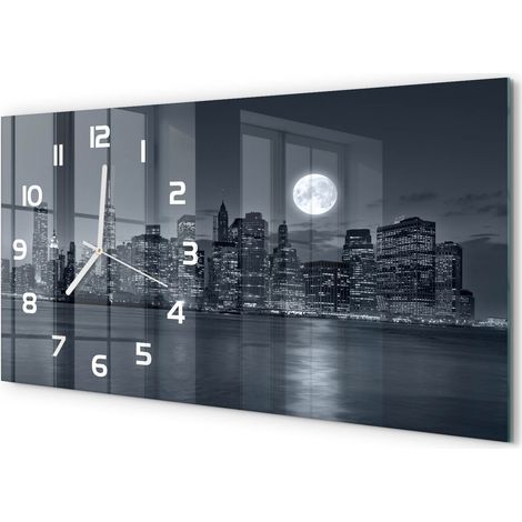 Horloge Murale Panoramique Moderne 60x30 cm Verre Trempé Sans Tic-Tac New York la nuit (1/5)