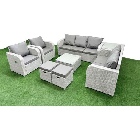 Fimous PE Rattan Garden Furniture Set Adjustable Chair Sofa Double Love Seat 2 Seater Sofa Lounge Set Square Coffee Table 2 Stools Side Table Light Grey (1/4)