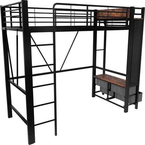 Letto a soppalco 90 x 200 cm in metallo e MDF nero con LED, prese USB e Type-C (1/5)