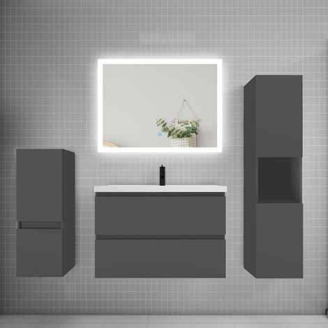Ensemble meuble de salle de bain 80cm, simple vasque + colonne + LED miroir rectangulaire,anthracite (1/5)