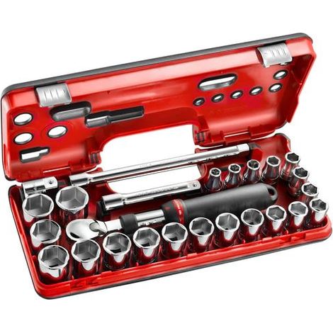 Facom – Coffret cliquet et douilles 1/2' – 25 pièces avec cliquet réversible – Tailles d’écrou 10 à 32 mm – Pour travaux de mécanique