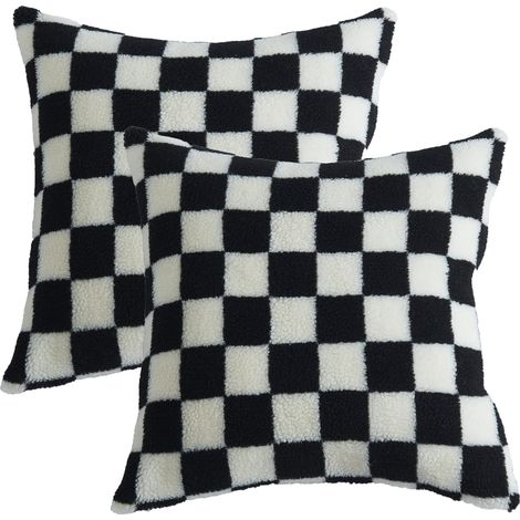 Set di 2 fodere per cuscini in pelliccia sintetica sherpa a quadri morbidi per divano letto – 45,7 x 45,7 cm – Nero
