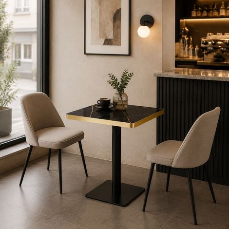 Quadratischer Esstisch 60 x 60 cm in Marmoroptik, schwarze Metallstruktur OKMYHOME (1/5)