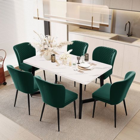 Lot de 6 chaises de salle à manger en velours, design avec dossier, structure en métal, vert foncé (1/5)