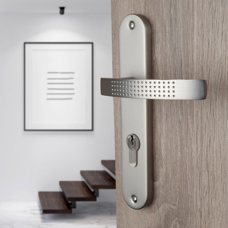 Ouvre&Déco – Poignée de porte d'entrée à cylindre – Aluminium nickel mat – Entraxe 195 mm – Compatible serrure multipoints pour usage fluide