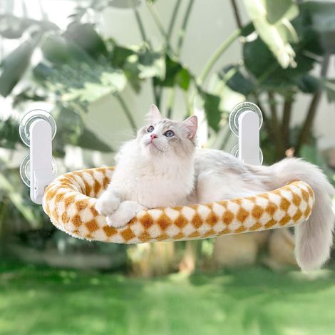 Hamac Chat Fenetre Pliable Panier Perchoir Suspendu Lit pour Petite et Grande Chats Ventouse Support Transat Etagere Coussin Chaise Interieur Tapis Réversible 54  30cm (Brun, M) (1/5)
