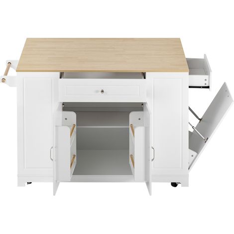 Isla de cocina móvil extensible con almacenaje y cajón, blanco y natural, MODENUIT (1/5)