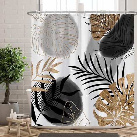 Boho Rideau de Douche 180x200cm Abstrait Noir Or Feuilles de Palmier Rideaux de Douche pour Salle de Bain bohème mi-siècle Feuilles Tropicales Rideaux de Bain avec Crochets (1/5)