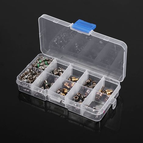 Kit 102 pièces valves de pneu R134a/R12 climatisation, outillage complet noyaux de valve, assortiment pour réparation auto. (1/5)