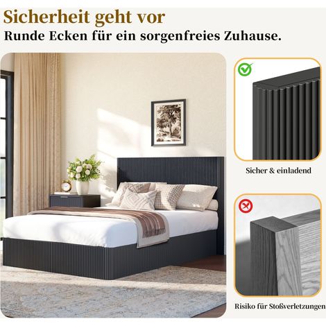 Lit design rainuré avec mécanisme hydraulique de levage – Grand coffre de rangement intégré, sommier en bois massif résistant, revêtement facile à nettoyer – 140x200 cm – Teinte noire (1/5)