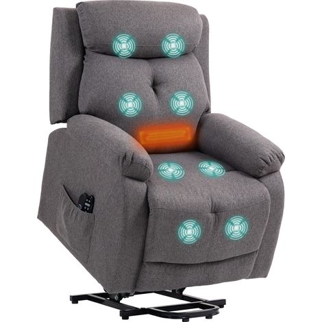 Poltrona elettrica con funzione massaggio e riscaldamento, reclinabile, con porte USB e poggiapiedi, dimensioni 86x94x105 cm, colore grigio.