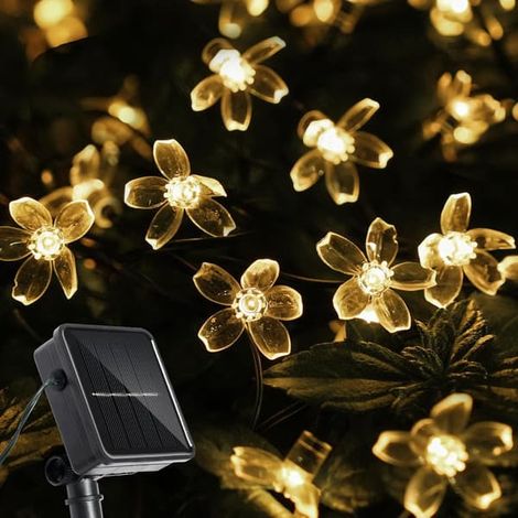 Guirlande lumineuse solaire d'extérieur, 9,75 m, motif fleurs de cerisier avec 100 lumières en forme d'étoile, étanche IP65, idéale pour camping-cars et terrasses (cordon noir). (1/5)