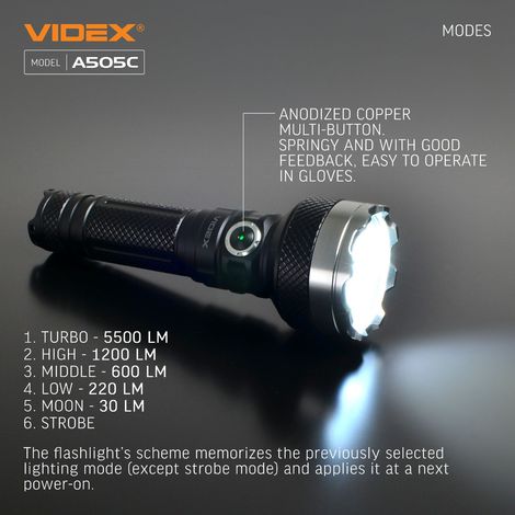 Linterna táctica LED de 20 W con batería de larga duración (50 h), 5500 lm, alcance de 500 m, IP68, VLF-A505C Videx (1/5)