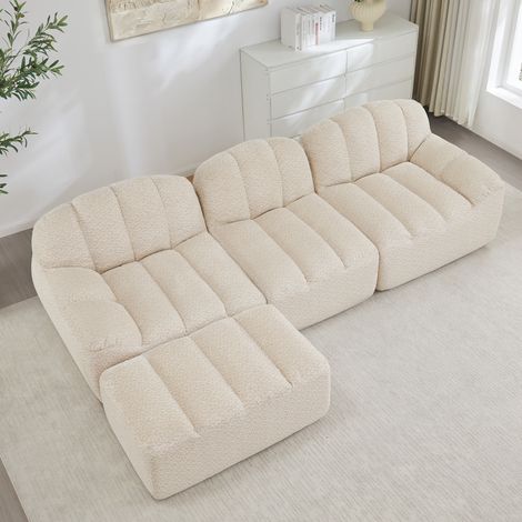 Modulares Ecksofa Beige Weiß aus Granular Fleece mit Ottoman und tiefer Sitzfläche (1/5)