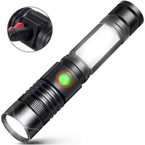 Lampe torche LED puissante de style militaire, rechargeable par USB, lampe torche COB portable et zoomable pour voiture, garage, atelier, camping, projets de bricolage (batterie rechargeable et base m (1/4)