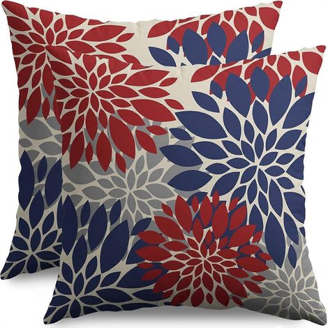 Housses de coussin 4 juillet 45 x 45 cm (lot de 2), imprimé floral moderne dahlia bleu, rouge et gris, style patriotique, pour la fête nationale américaine. Idéales pour l'extérieur et la campagne. (1/4)