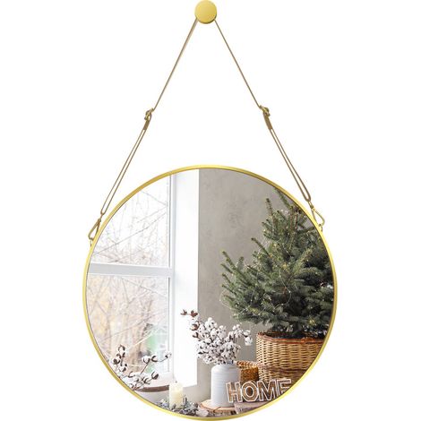 SWANEW Specchio rotondo Specchio da parete 50 cm Specchio da appendere Specchio decorativo con cinturino in pelle regolabile (1/5)