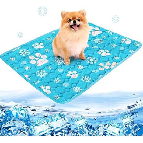Tragbare selbstkühlende Haustiermatte für Hunde und Katzen - Neu - Blaues Pfotenabdruck-Design - 50x40 cm (Klein) Blauer Korb