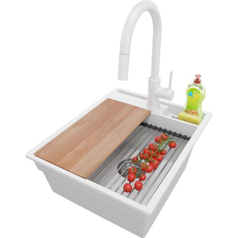 PRIMAGRAN Evier Cuisine en Granit 43x53cm, Lavabo 1 bac + Robinet 40x20cm + Kit de Vidage + Accessoires, Évier à Encastrer au meuble 45cm - Oslo Pocket, Blanc (1/5)
