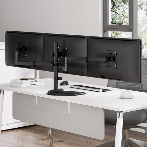 AISENS - SOPORTE DE MESA CON PEANA ECO GIRATORIO E INCLINABLE PARA 3 MONITORES 10KG (3 PIVOTES, 2 BRAZOS) DE 13-27, NEGRO
