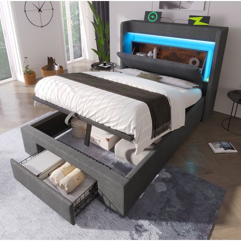 Bett mit Stauraum 90x200 cm Leinen Grau, mit LED, USB/USB-C, hydraulischer Staubox, Schublade und Lattenrost (1/5)