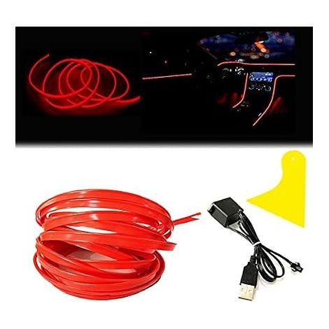 El Wire Car Interior LED Strip Lights, 3M Neon Wire USB 5V with Fuse Protection for Automotive Car Interior Decoration with 6mm Sewing Edge (3M, Red) (1/5)